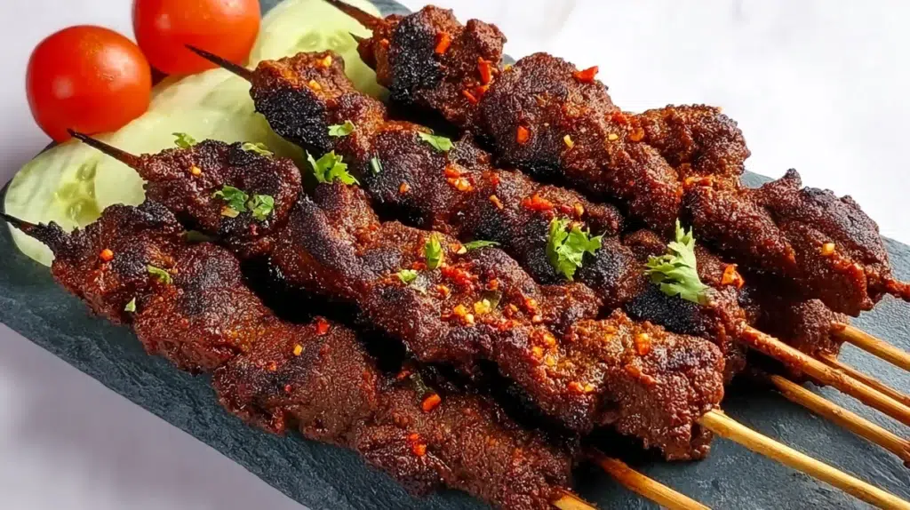 Nigerian suya skewers coated in spicy peanut suya spice and grilled to smoky perfection