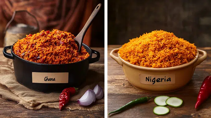 nigerian vs ghanaian jollof rice side by side comparison showing smoky nigerian party jollof in cast iron pot and lighter ghanaian jollof in ceramic pot