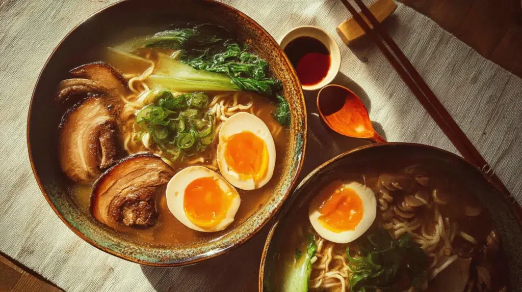 ramen recipe bowl of tonkotsu ramen with chashu pork marinated egg nori bamboo shoots and spring onions on dark wooden surface