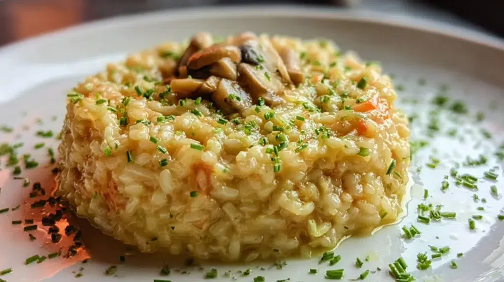 risotto recipe saffron risotto alla milanese in wide bowl showing all'onda flowing consistency