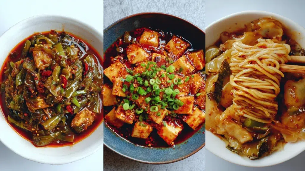 sichuan recipes mapo tofu in clay pot with deep red doubanjiang sauce silken tofu and sichuan peppercorns beside dan dan noodles with chili oil