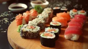 sushi at home spread with salmon nigiri temaki hand roll sushi rice bowl soy sauce pickled ginger and wasabi on dark slate