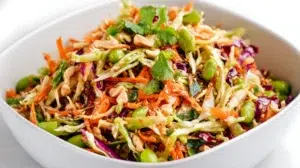 asian crunch salad recipe with shredded green and purple cabbage carrots edamame snap peas wonton strips cashews and sesame seeds in sesame ginger dressing