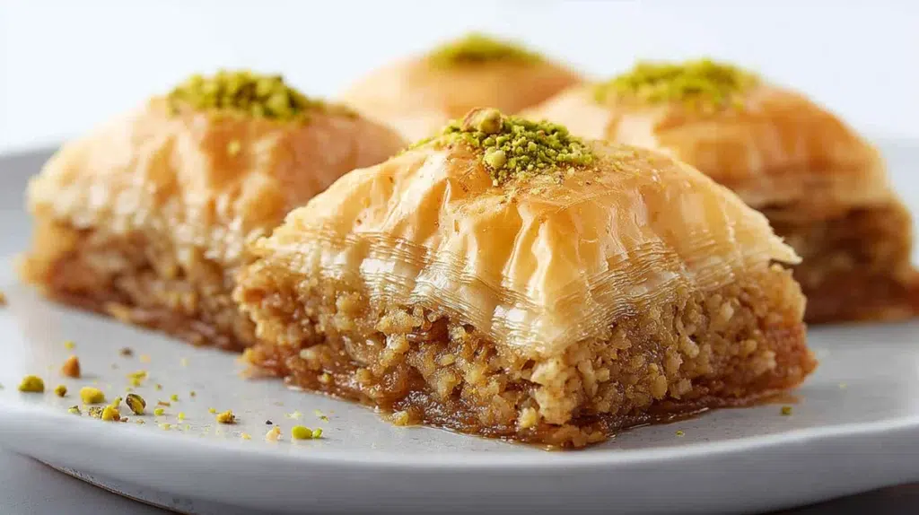 baklava recipe crispy golden honey phyllo pastry cut into diamonds with pistachio walnut filling and honey drizzle on dark baking pan