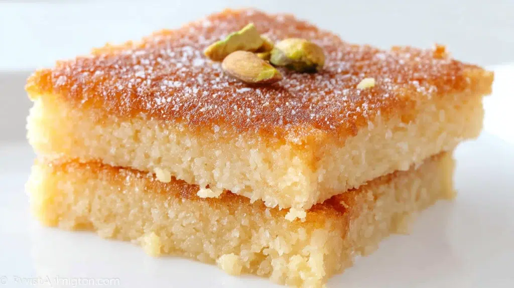 Basbousa semolina cake topped with almonds and soaked in sweet syrup on a serving plate
