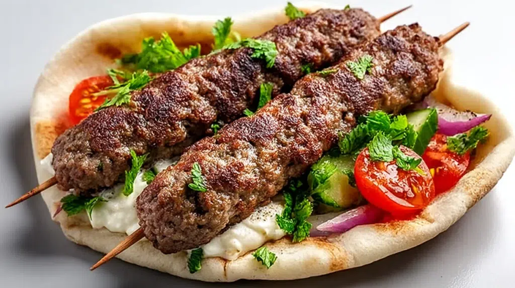 beef kafta kebab recipe lebanese ground beef skewers with charred exterior on metal skewers served with hummus pita tomatoes and fresh parsley