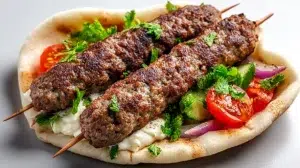 beef kafta kebab recipe lebanese ground beef skewers with charred exterior on metal skewers served with hummus pita tomatoes and fresh parsley