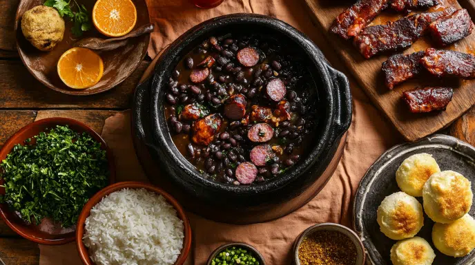 brazilian recipes feast with feijoada black bean stew rice farofa churrasco picanha skewers pao de queijo and caipirinha on terracotta cloth