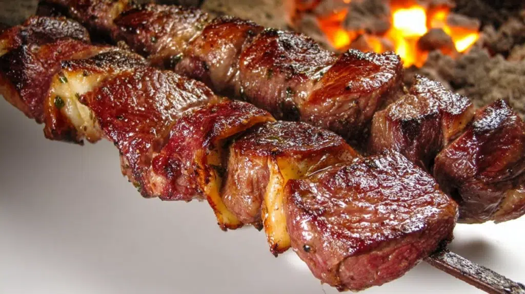 brazilian churrasco picanha skewer with caramelized fat cap over glowing charcoal with linguica sausage and chicken hearts alongside