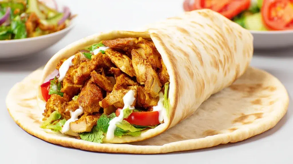Chicken shawarma with seasoned sliced chicken, fresh vegetables, and sauce wrapped in flatbread