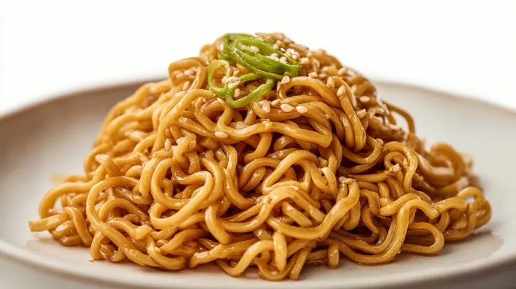 Cold sesame noodles tossed in a creamy sesame sauce and topped with green onions, sesame seeds, and fresh vegetables.