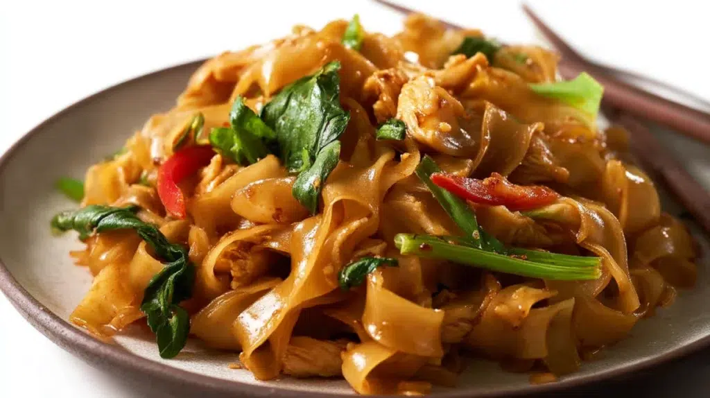 Spicy drunken noodles stir-fried with tender vegetables, fresh basil, and a savory Thai-inspired sauce.