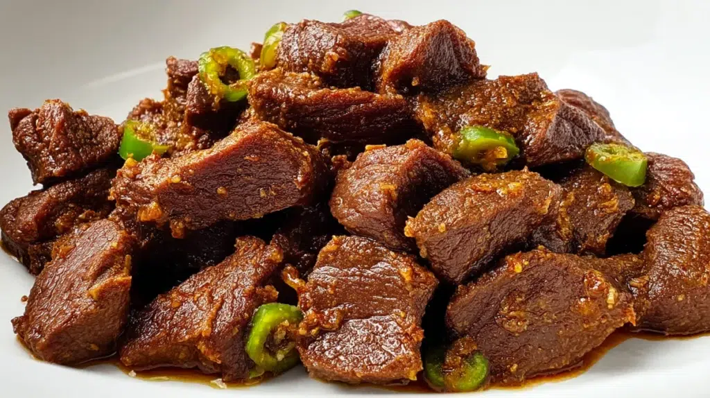 ethiopian beef tibs recipe spiced cubed beef seared in niter kibbeh with berbere red onion jalapeño and tomato in cast iron skillet served on injera