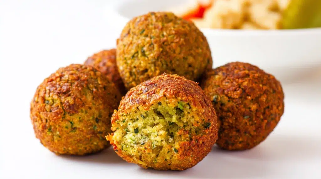 falafel recipe crispy golden chickpea falafel broken open showing vivid green herb interior on wooden board with tahini sauce hummus pita and pickled turnips