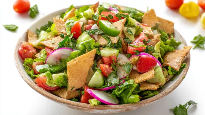 Fattoush salad with fresh vegetables, crispy pita chips, herbs, and tangy dressing served in a bowl