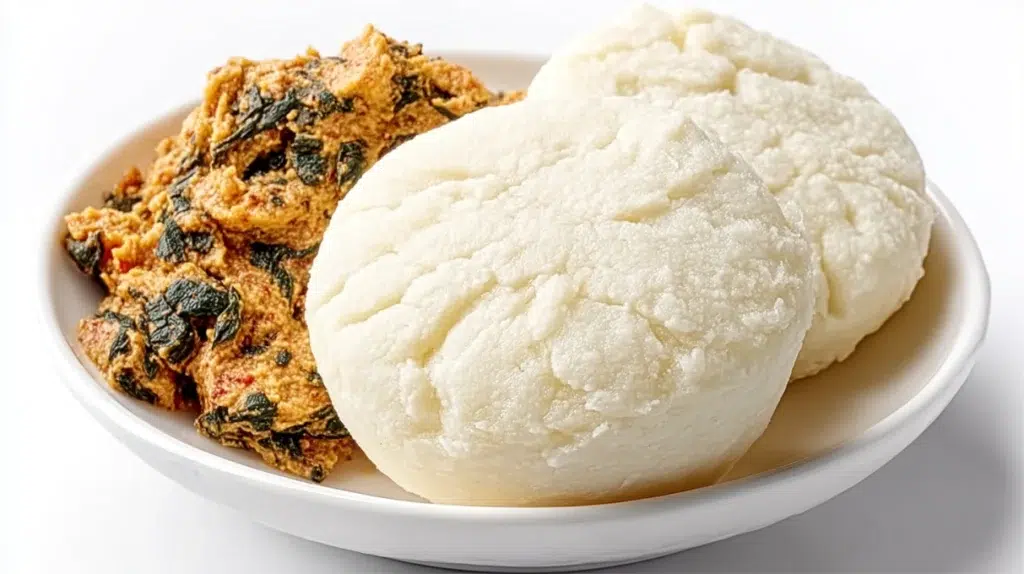 fufu recipe smooth round balls of west african cassava and plantain fufu in white bowl beside dark bowl of egusi soup with palm oil