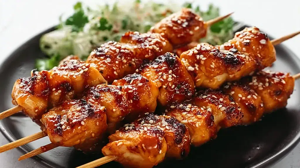 gochujang grilled chicken skewers sticky korean bbq chicken thighs with caramelized red glaze sesame seeds spring onion and pickled radish on white plate