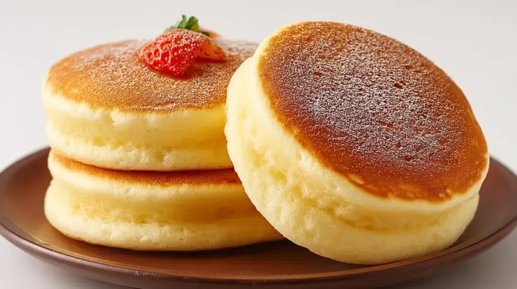 Japanese pancakes tall and fluffy with powdered sugar and syrup served on a plate