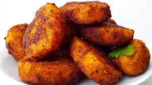 Kelewele made with spicy fried plantain cubes seasoned with ginger and spices