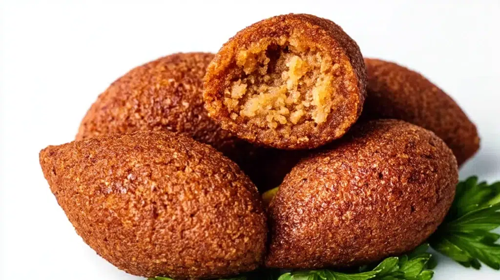 Kibbeh with crispy bulgur shell and savory seasoned meat filling served on a plate