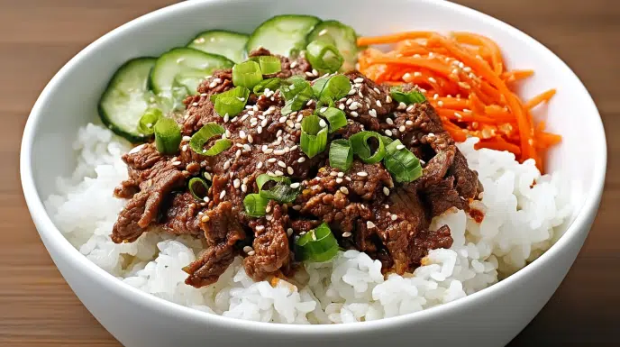 korean beef bowl recipe ground beef in gochujang soy sauce over jasmine rice with pickled cucumber carrot runny fried egg sesame seeds and spring onion
