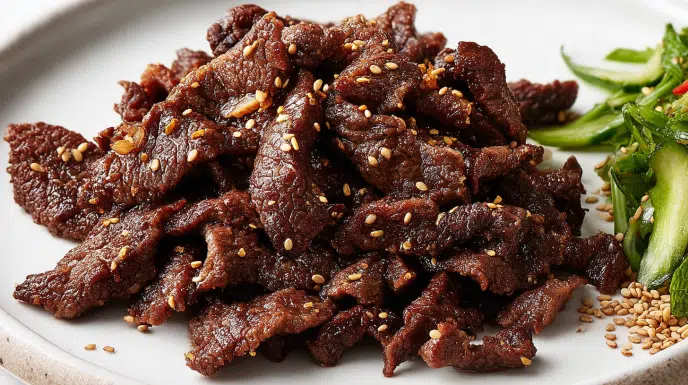 Korean bulgogi with thinly sliced marinated beef cooked until caramelized and topped with sesame seeds