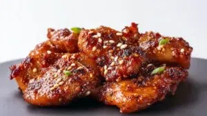 Korean chicken kalbi with grilled marinated chicken glazed in a savory sweet sauce and garnished with sesame seeds