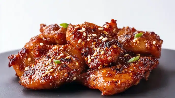 Korean chicken kalbi with grilled marinated chicken glazed in a savory sweet sauce and garnished with sesame seeds