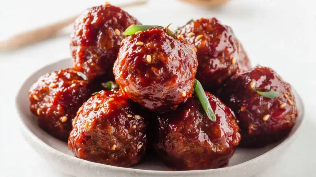 Korean gochujang meatballs glazed in spicy sweet sauce and garnished with sesame seeds and green onions