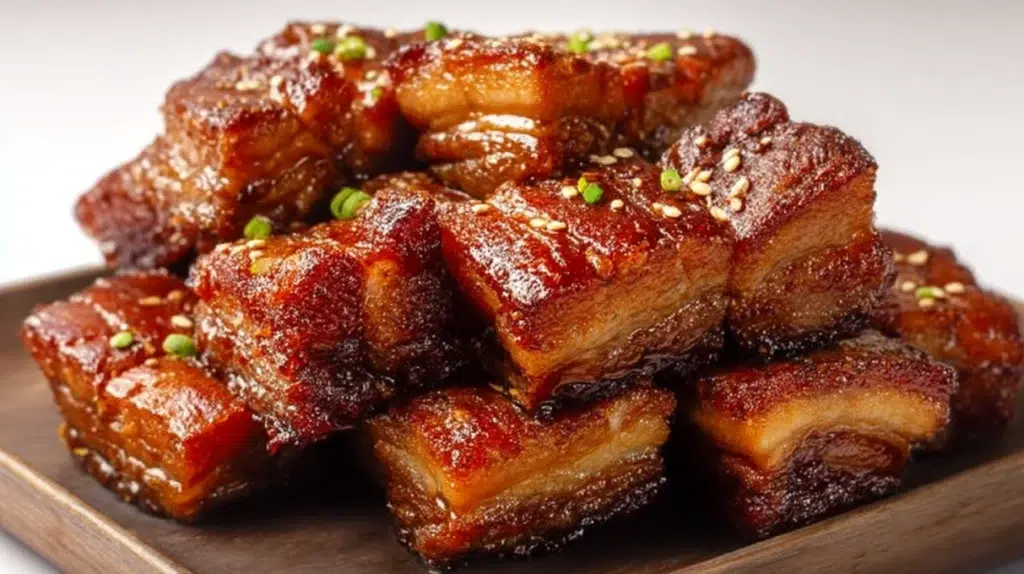 korean pork belly samgyeopsal crispy grilled slices in cast iron pan with ssamjang lettuce kimchi garlic and rice for lettuce wraps