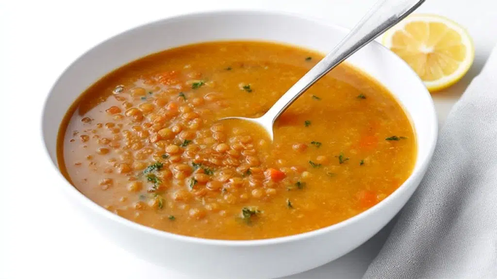 Warm Lebanese lentil soup served in a bowl with lemon slices, fresh herbs, and soft flatbread on the side.