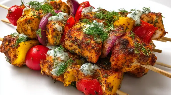 mediterranean chicken kebabs greek yogurt marinated chicken thighs with char marks on metal skewers served with tzatziki warm pita and fresh tomatoes