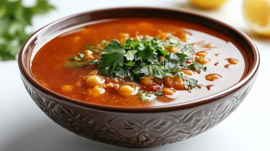 Moroccan harira soup with tomatoes, lentils, chickpeas, and fresh herbs served in a traditional bowl