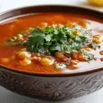 Moroccan harira soup with tomatoes, lentils, chickpeas, and fresh herbs served in a traditional bowl
