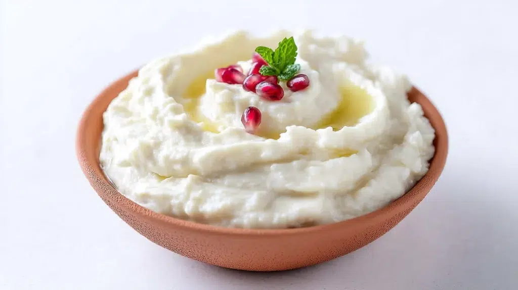 Creamy mutabbal dip made with roasted eggplant, tahini, olive oil, and garnished with fresh parsley and pomegranate seeds.