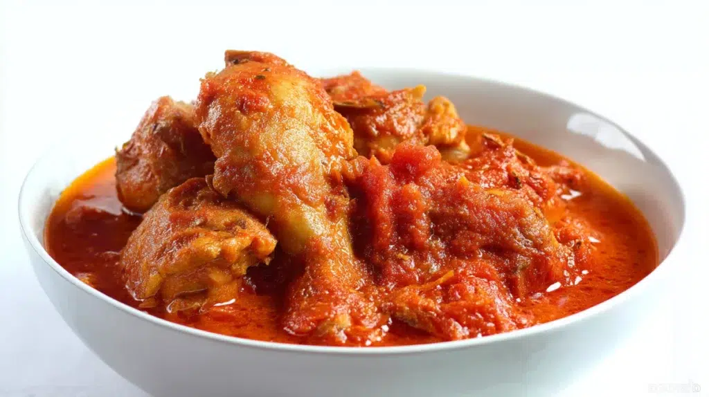 nigerian chicken stew recipe rich red west african tomato pepper stew with fried chicken pieces and glossy oil surface served over white rice