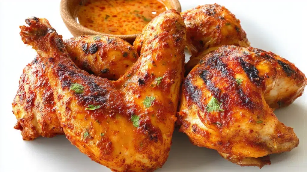 Spicy peri peri chicken served with crispy roasted potatoes and fresh herbs on a rustic plate.