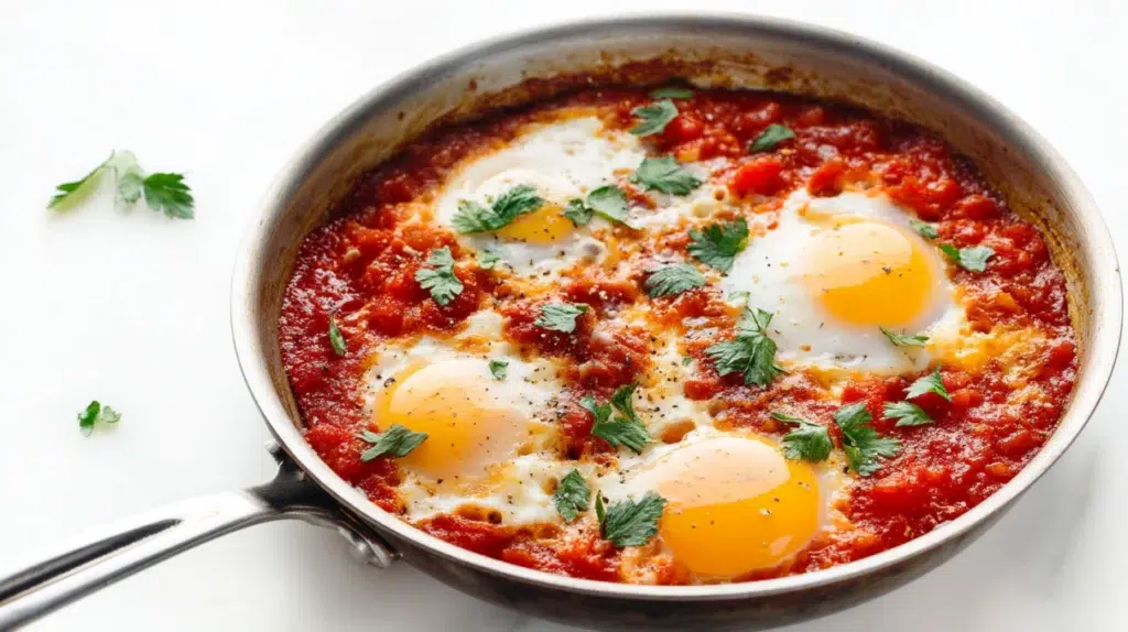 shakshuka recipe eggs poached in spiced tomato sauce with harissa cumin peppers feta and fresh herbs in cast iron skillet