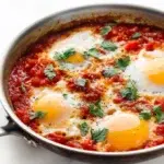 shakshuka recipe eggs poached in spiced tomato sauce with harissa cumin peppers feta and fresh herbs in cast iron skillet