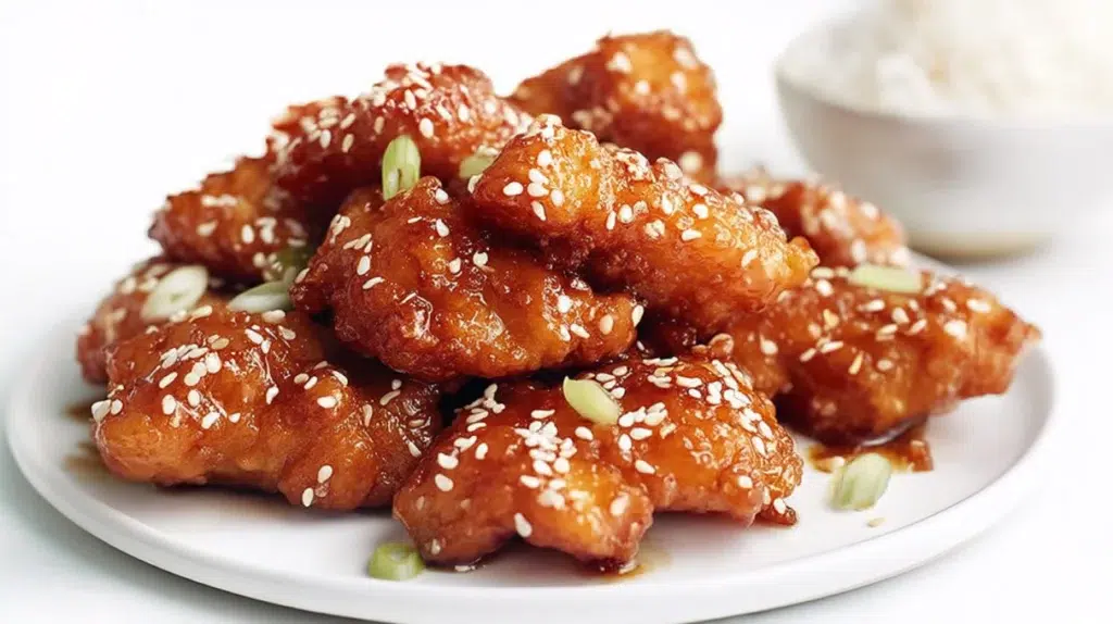 Sticky sesame chicken coated in glossy sesame sauce and topped with sesame seeds and green onions
