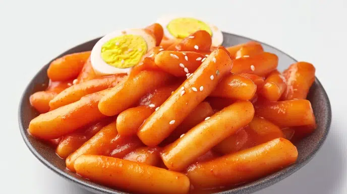 tteokbokki recipe spicy korean rice cakes and fish cakes in thick glossy gochujang sauce with melted mozzarella cheese sesame seeds and spring onion in wide pan