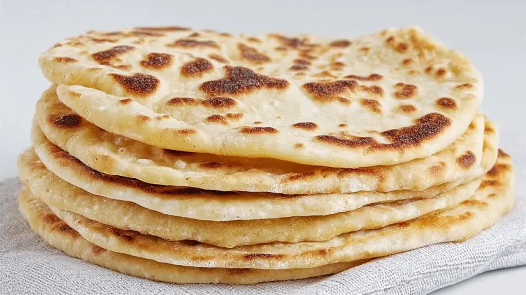turkish bread recipe soft fluffy bazlama flatbread cooked on skillet showing golden brown spots and dramatic puff with melted butter and dipping bowl alongside