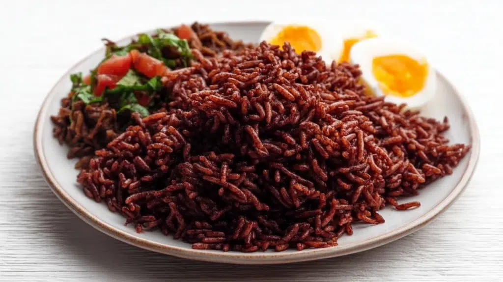 Waakye served with rice, beans, and traditional toppings on a plate