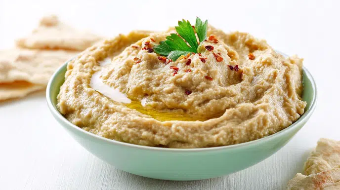 Baba ghanoush served in a bowl with olive oil, herbs, and roasted eggplant texture