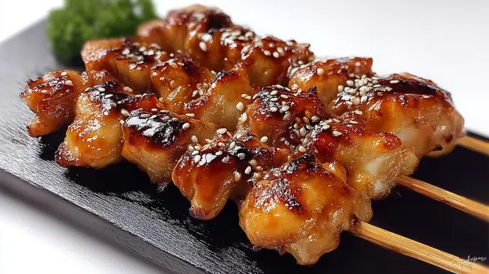 chicken yakitori recipe japanese grilled chicken thigh and scallion skewers with dark mahogany tare glaze on bamboo skewers with sesame seeds and steamed rice