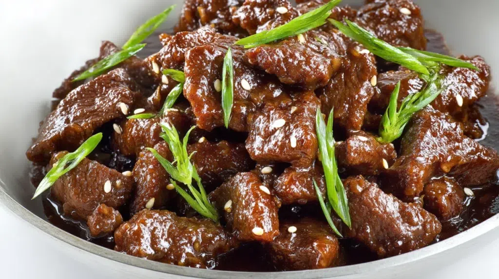 Tender Mongolian beef stir-fried in a glossy savory sauce with green onions and served over steamed rice.