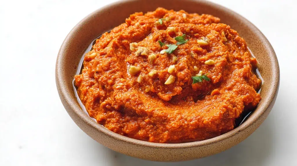 muhammara recipe roasted red pepper and walnut dip in terracotta bowl with olive oil aleppo pepper flakes pomegranate seeds and warm flatbread