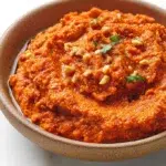 muhammara recipe roasted red pepper and walnut dip in terracotta bowl with olive oil aleppo pepper flakes pomegranate seeds and warm flatbread