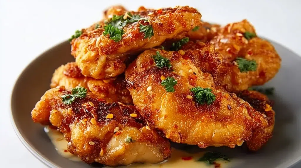 Crispy Bang Bang Thai chicken coated in a creamy sweet and spicy sauce and garnished with fresh herbs.