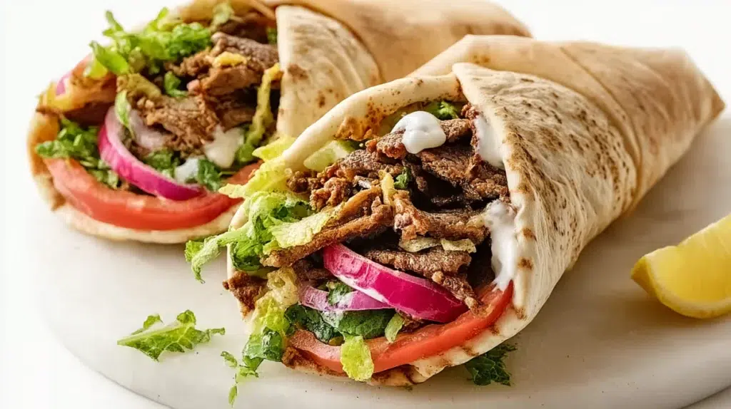 Beef shawarma wrap filled with seasoned sliced beef, fresh vegetables, and creamy garlic sauce wrapped in warm flatbread.